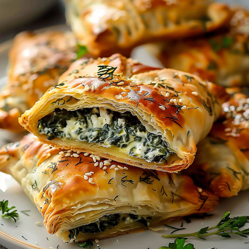 Bouchées Feuilletées aux Saveurs Méditerranéennes, une recette savoureuse et délicieuse, est servie sur un plateau.