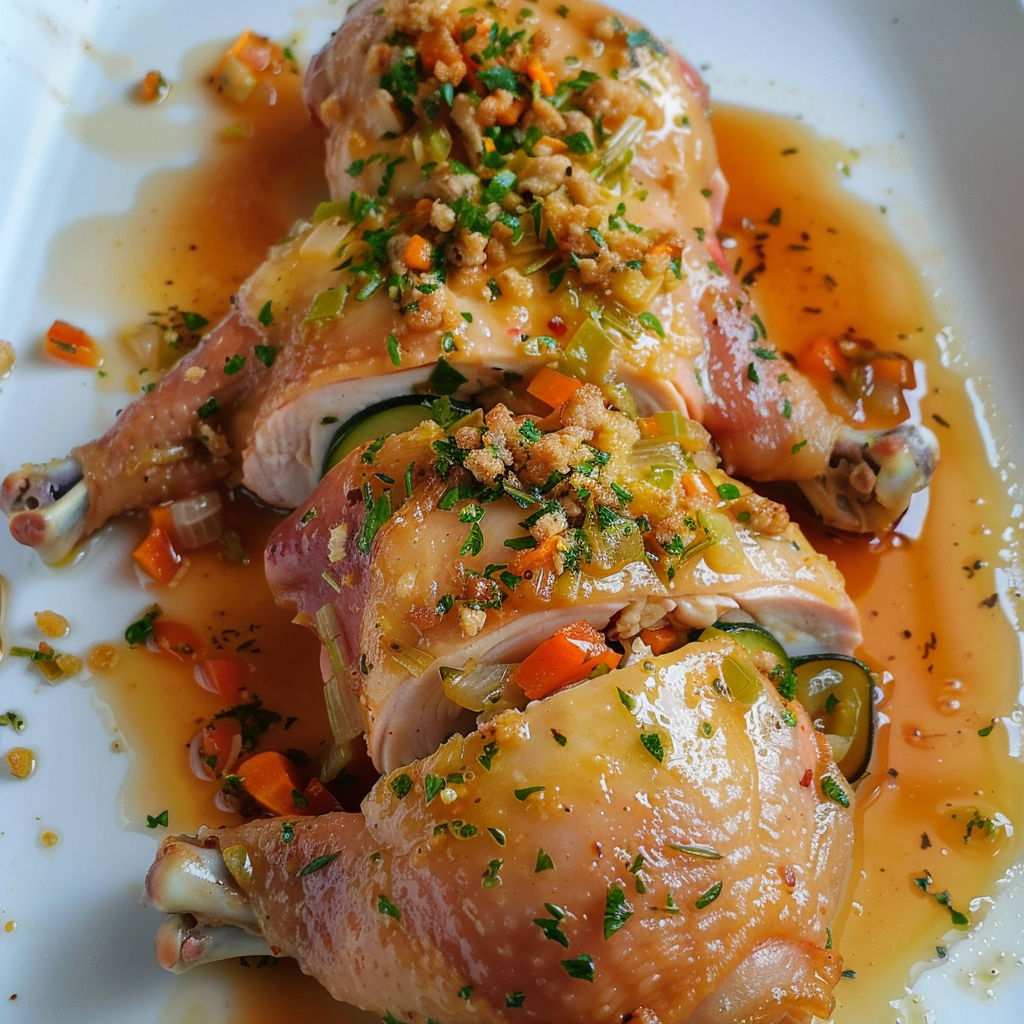 Chicken with sauce and herbs, a delicious recipe.