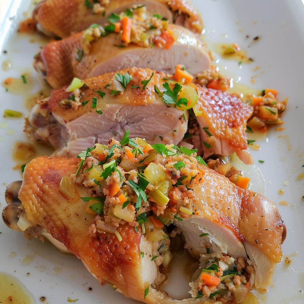 Découpez des poulets et assaisonnez-les avec des épices et des légumes. Servez-les sur une assiette avec une sauce au miel et des herbes fraîches.