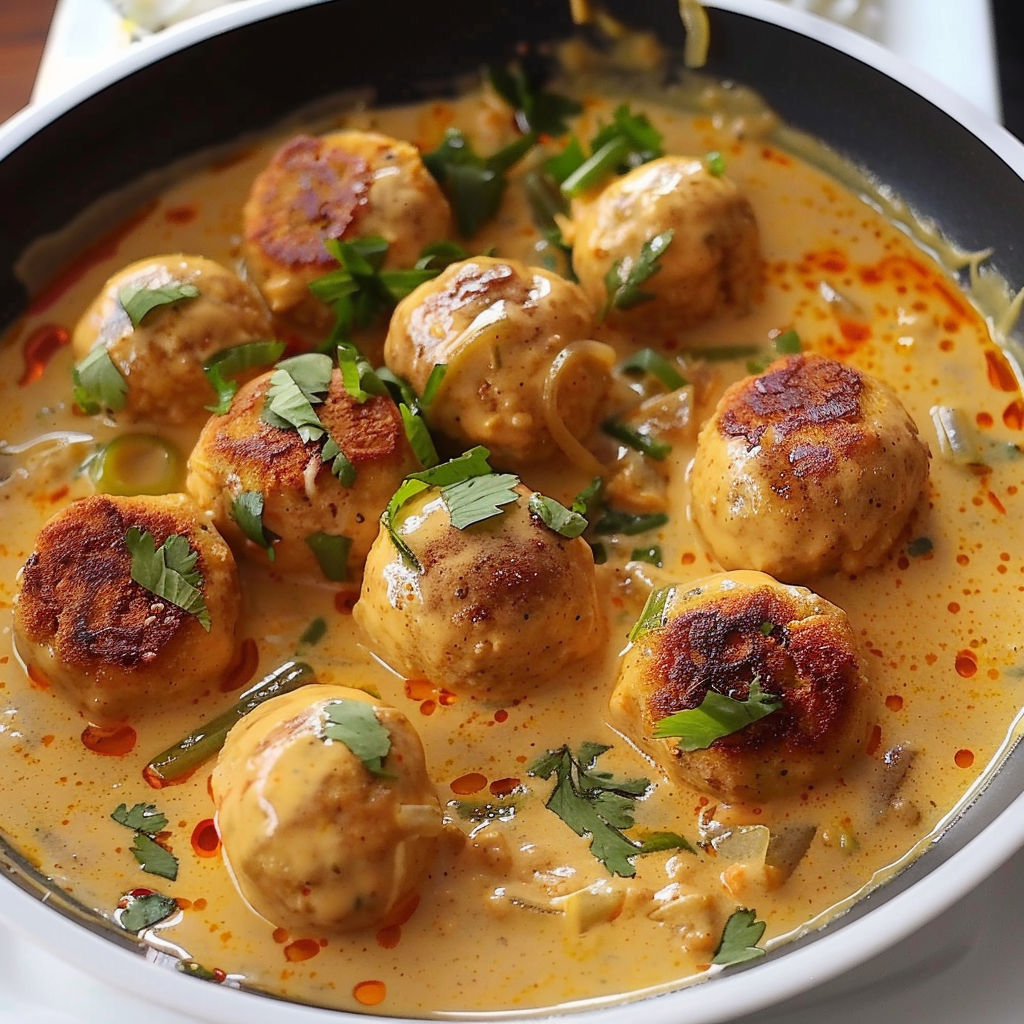 Boulettes au Cari Rouge et Lait de Coco dans un bol.