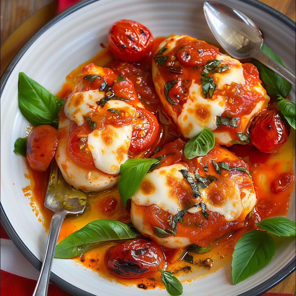 Un plat de suprêmes de poulet au four, poivrons et mozzarella, avec une fourchette et une cuillère à soupe.