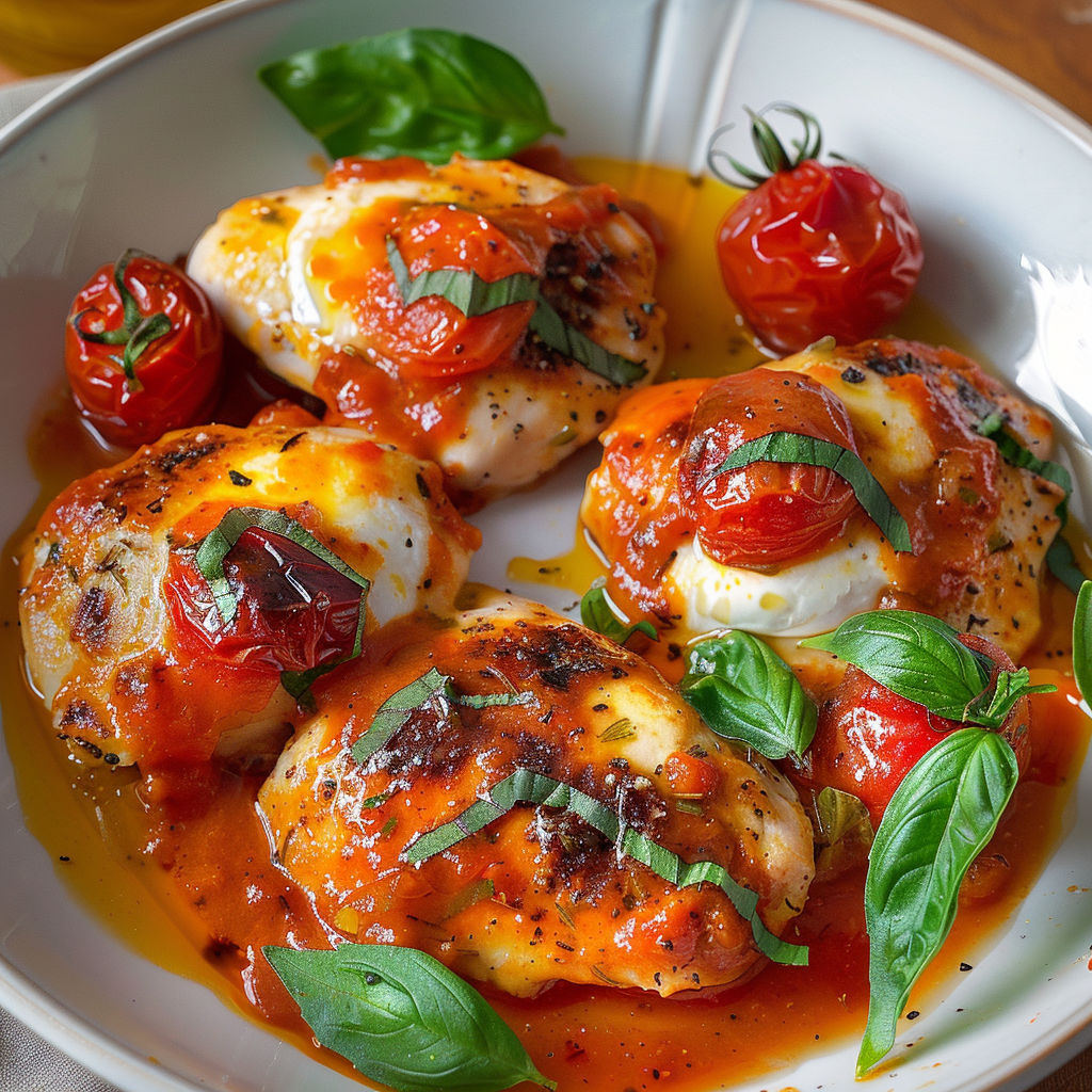 Plate of chicken with tomatoes and basil, served with a side of tomato sauce.