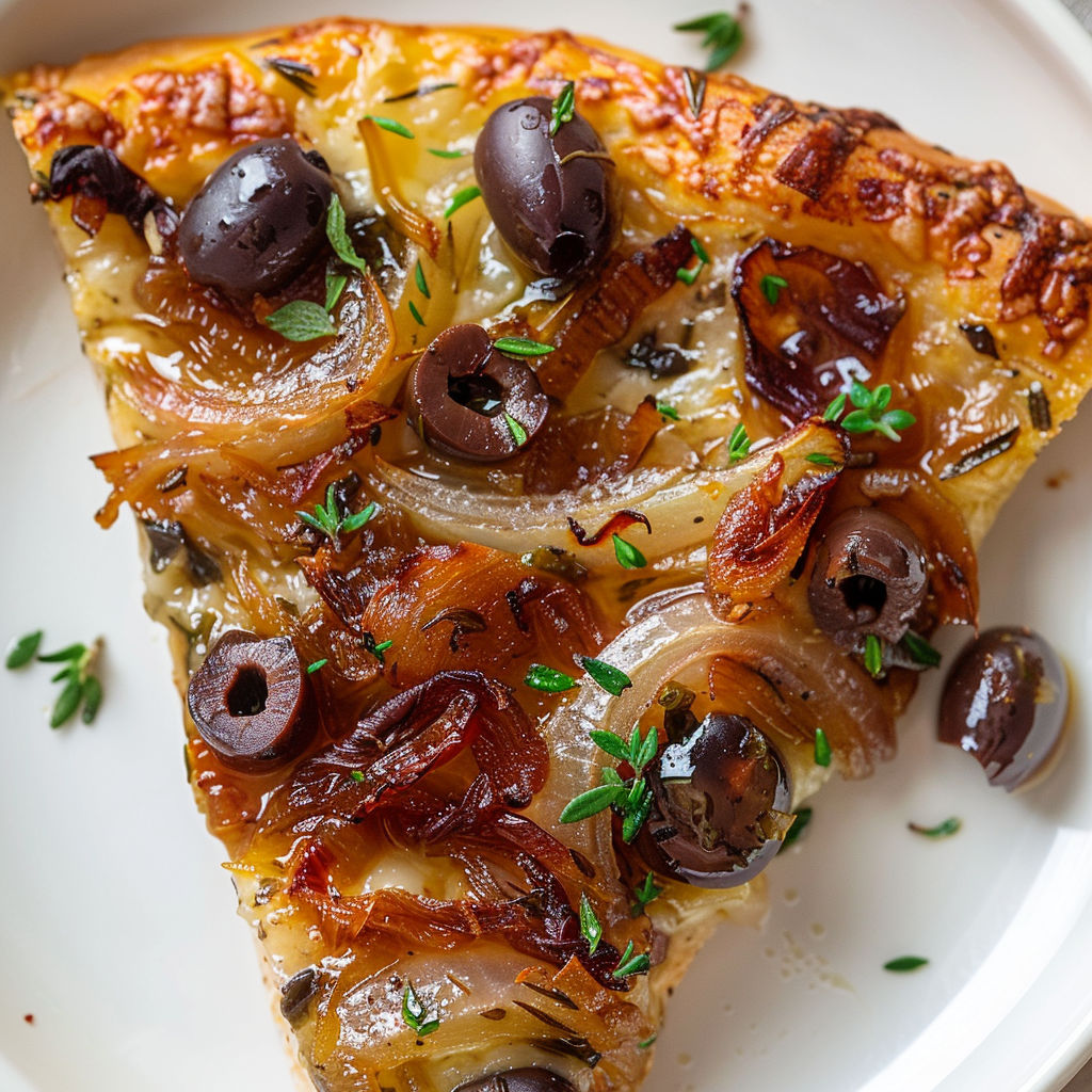 Une trancherie de pizza provençale aux anchois et olives noires, servie sur un plateau blanc.