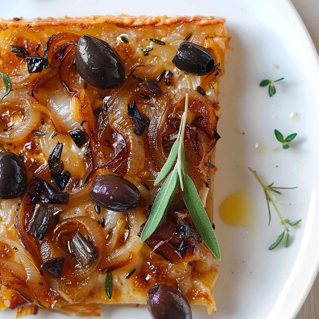 Une tarte aux oignons et olives, servie sur un plateau.