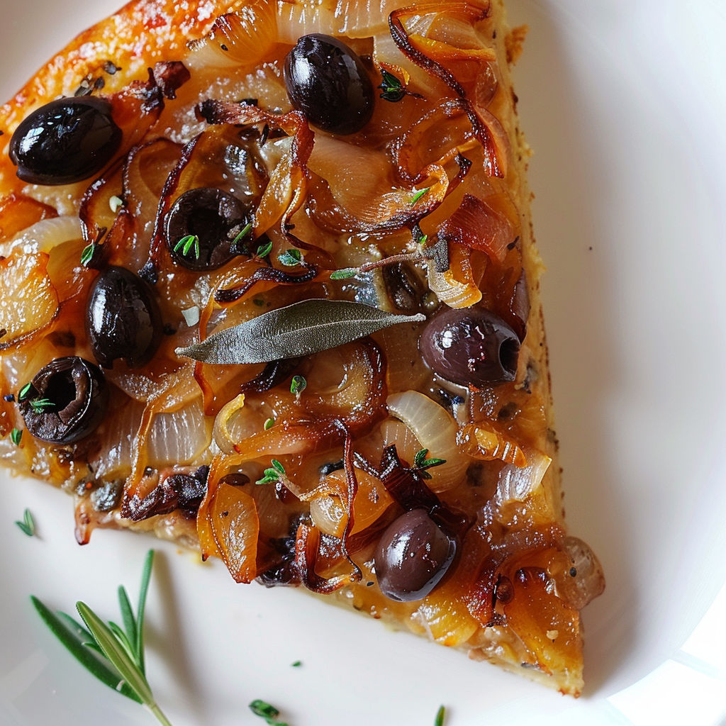 Une pizza maison avec des olives, oignons et herbes.