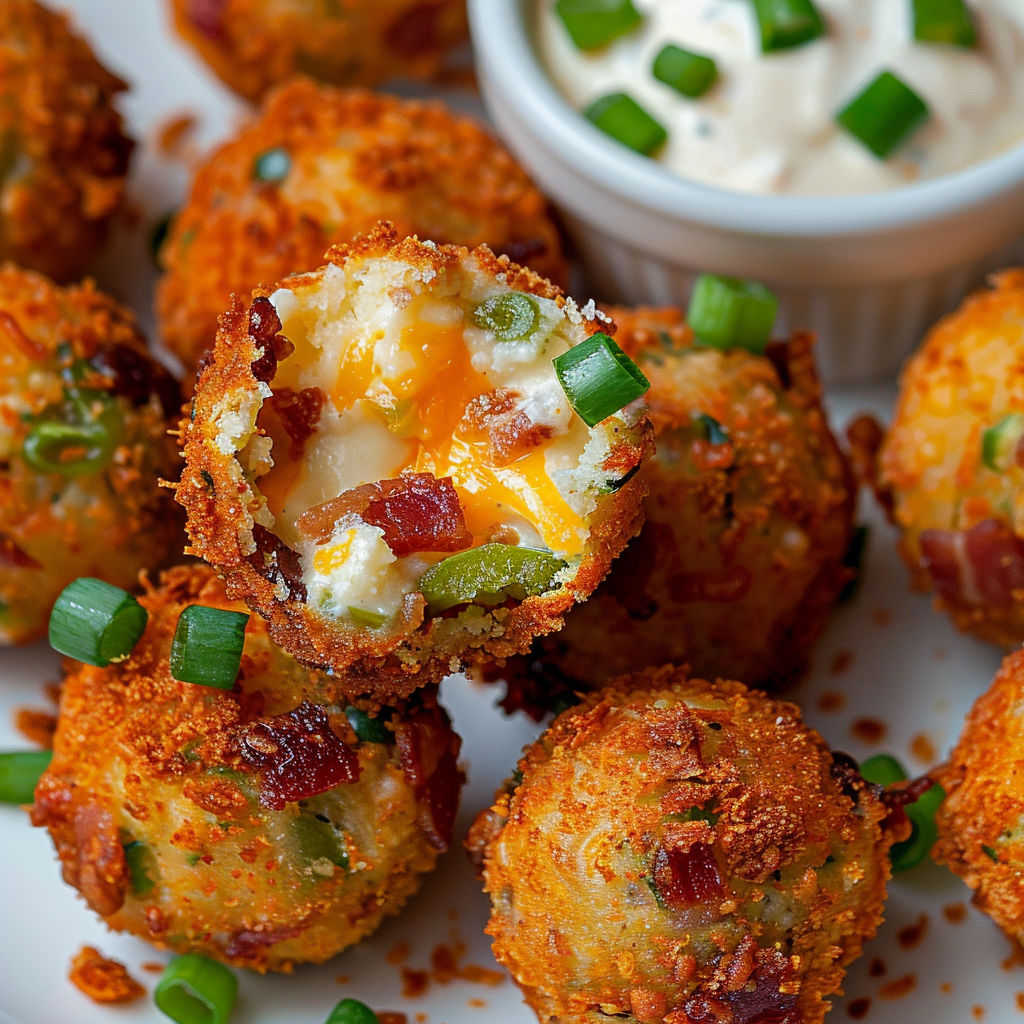 Une recette de croquettes de bacon et de fromage, avec une sauce au yaourt et des herbes vertes.