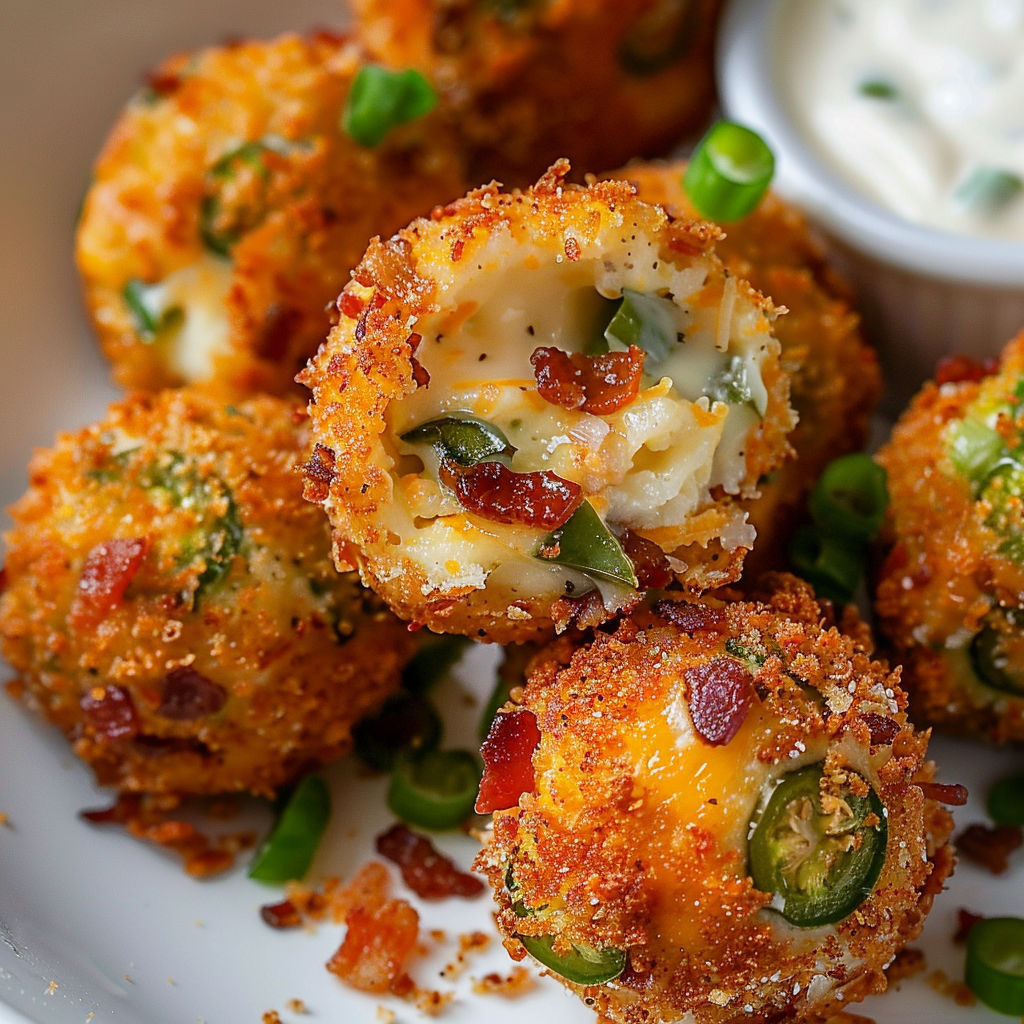 Une recette de croquettes de chili et de bacon, servies avec une sauce au pesto.