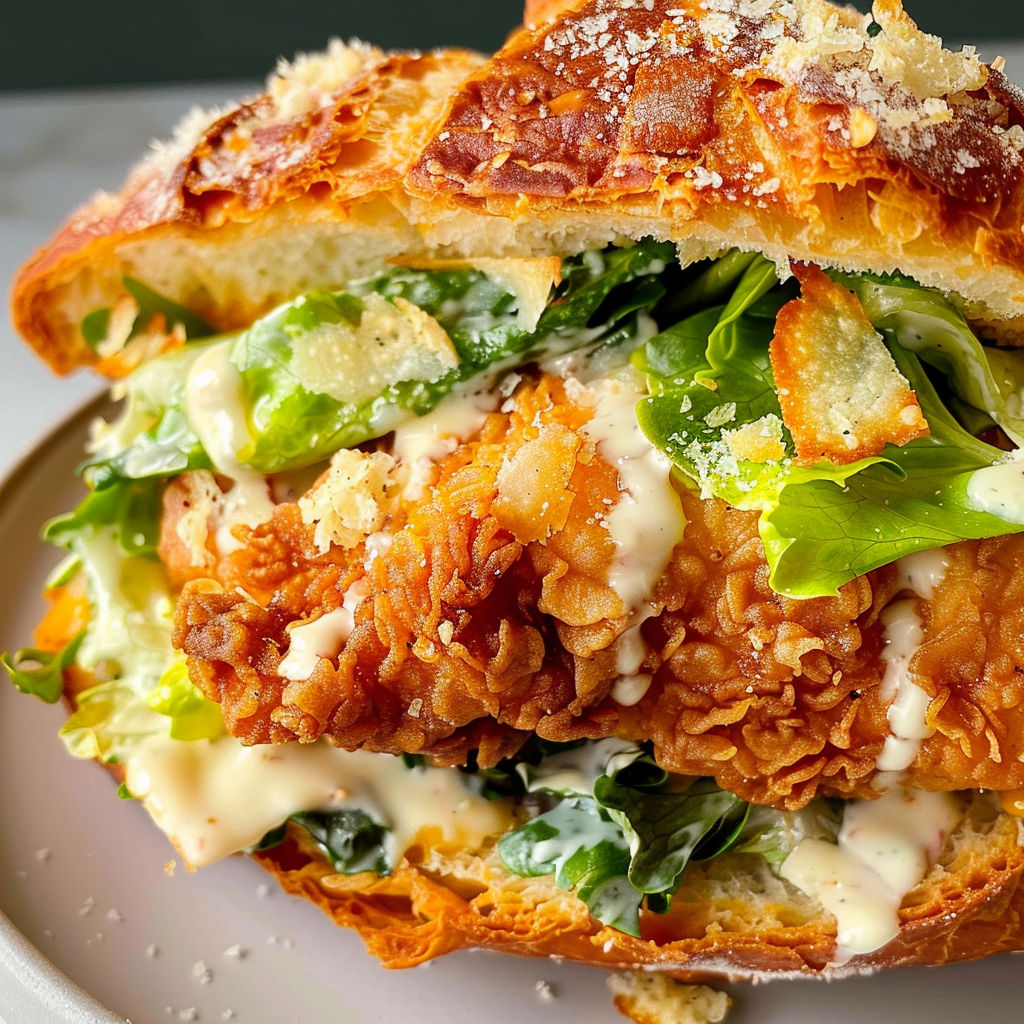 Un sandwich César au poulet croustillant est présenté sur un plateau.