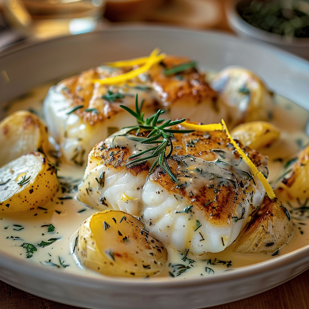 Filets de Cabillaud, Pommes et Sauce Crémeuse au Romarin.
