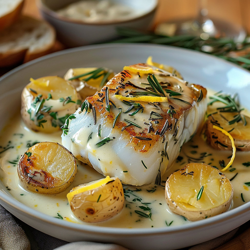 Une assiette de poivrons et de pommes de terre accompagne un plat de cabillaud crémeux au romarin et pommes de terres.