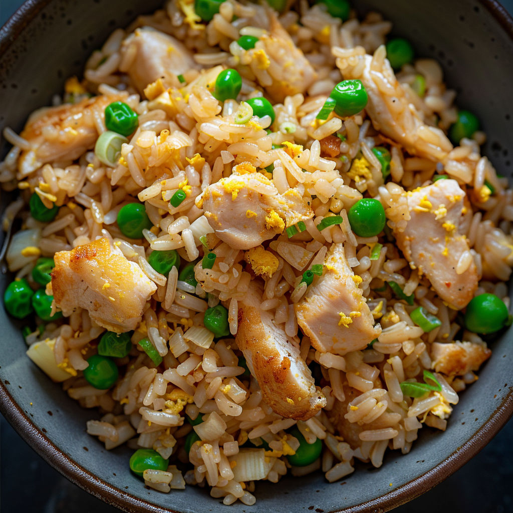 Rice and chicken with peas and onions.