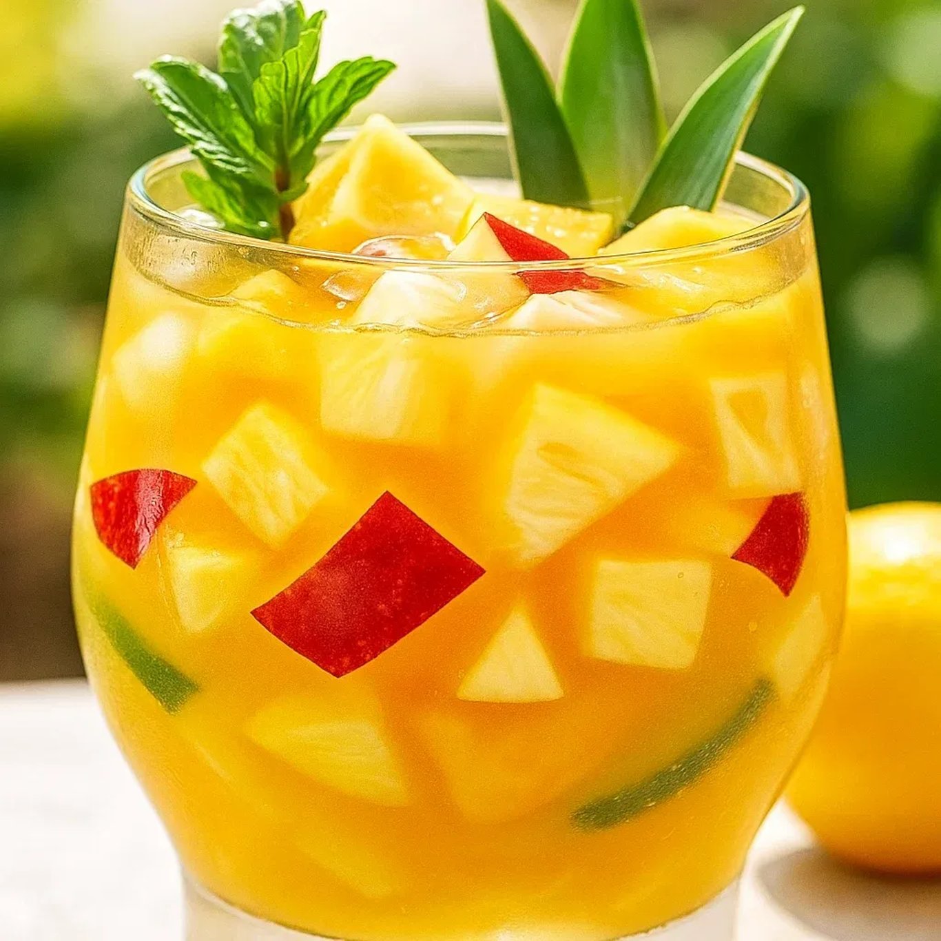 Un verre de Punch Tropical à l'Ananas avec des morceaux d'ananas et des herbes.