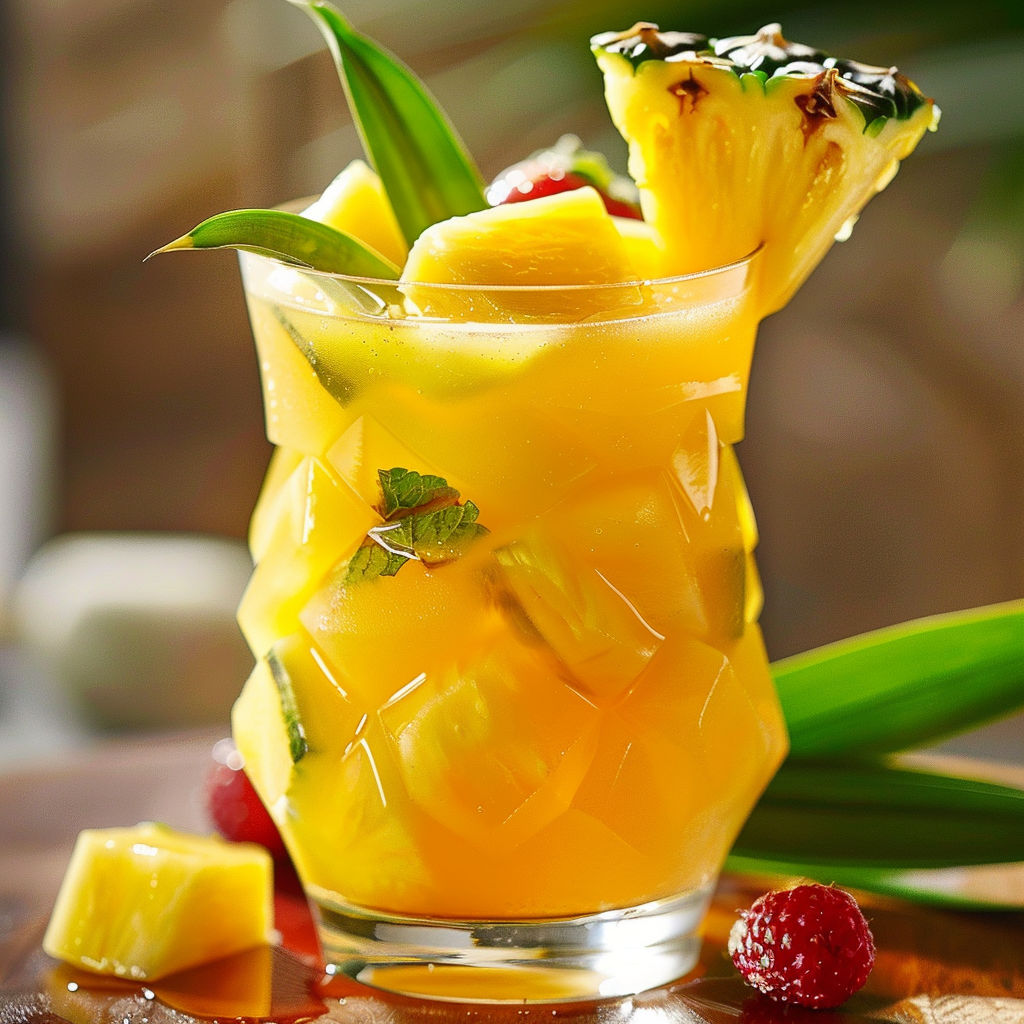 Une boisson de fruits avec une paille de pineapple et des fruits rouges.