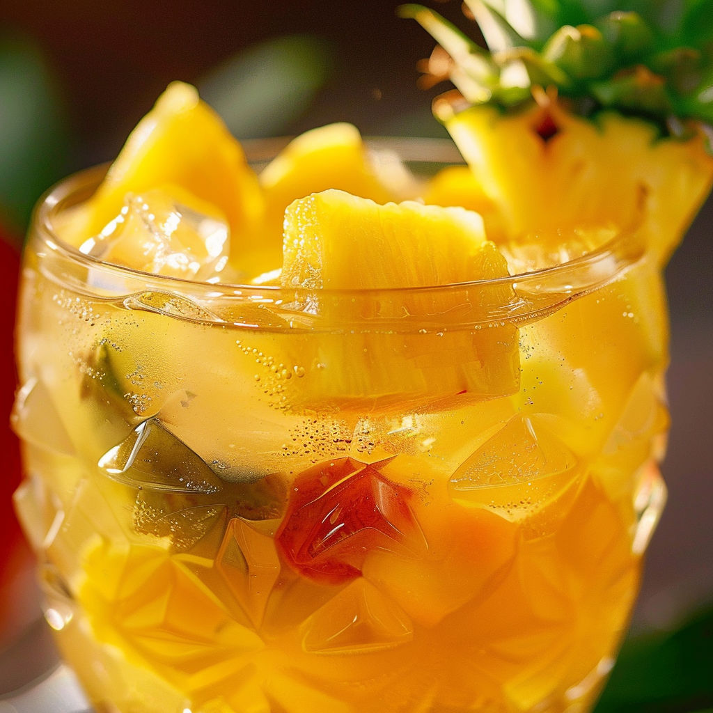 Une tasse de jus de pineapple avec des morceaux de pineapple et des fruits rouges.