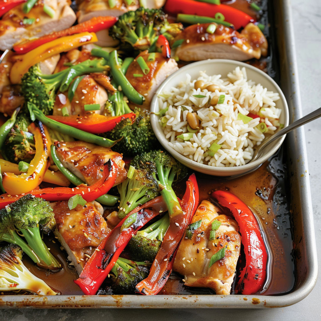 Plate of food with rice, chicken, broccoli, peppers and onions.