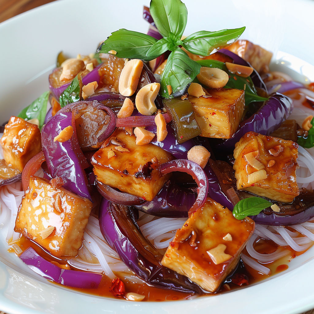 Une assiette de Tofu Aigre-Doux aux Aubergines, avec des épinards et des noix de cajou.