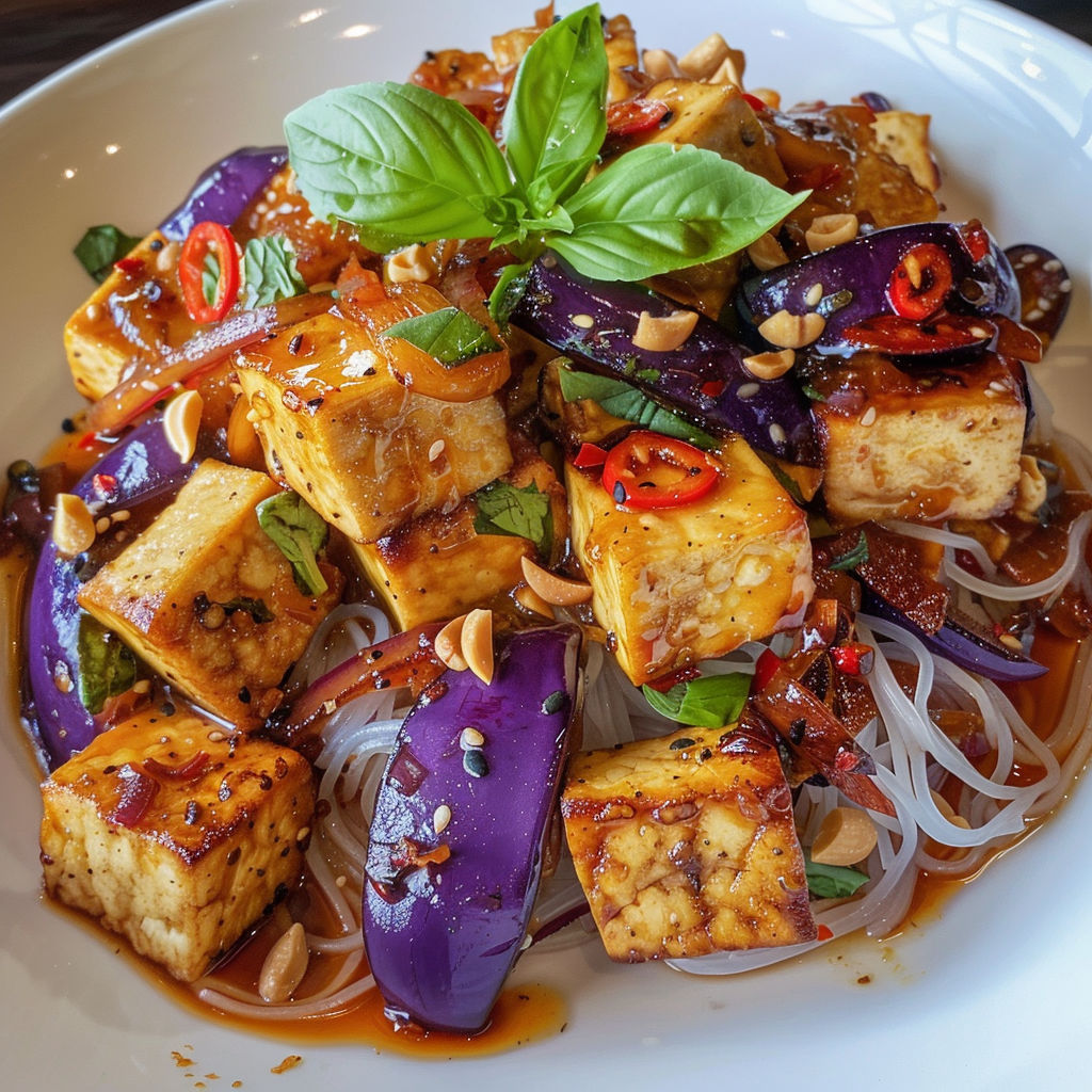 Une collation de vermicelles au tofu et aubergines marinées, avec des herbes fraîches pour garnir.
