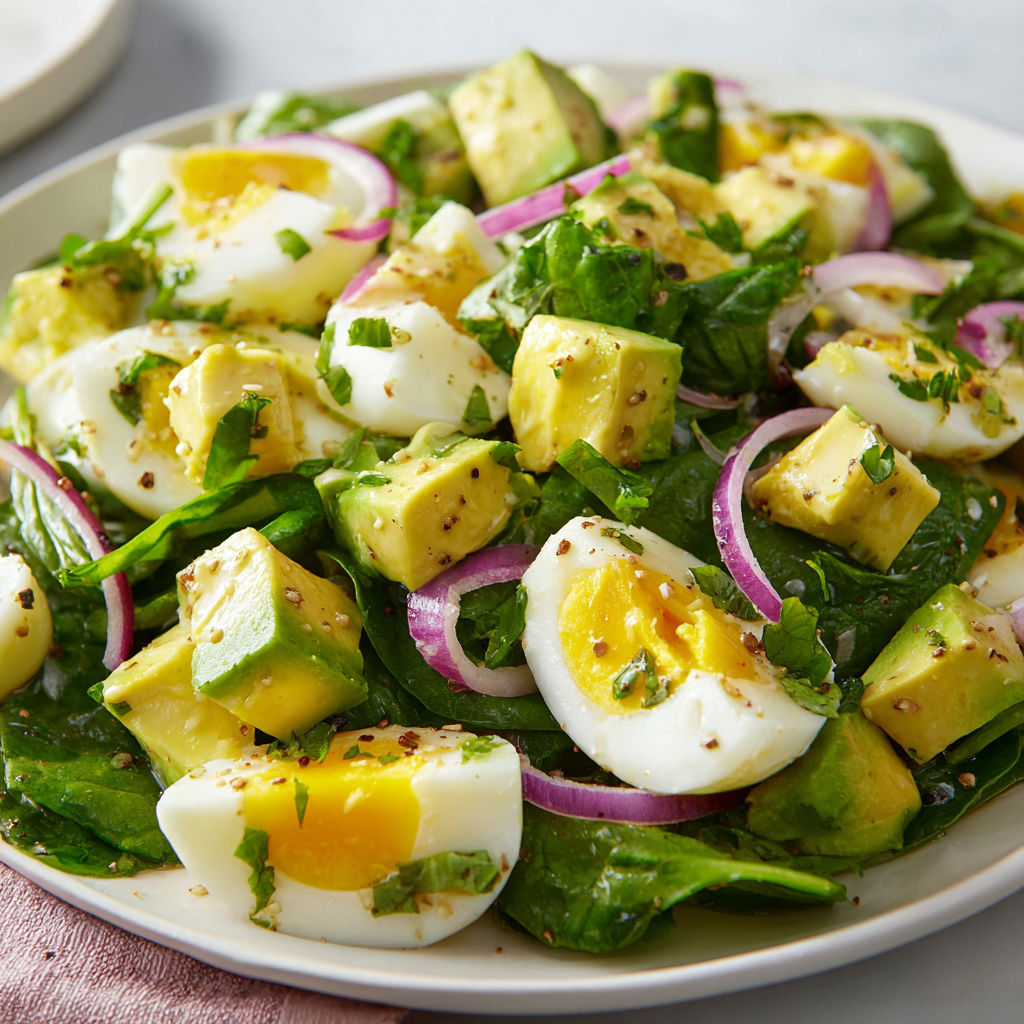 Une salade d'œufs à l'avocat et aux épinards est servie sur un plateau.