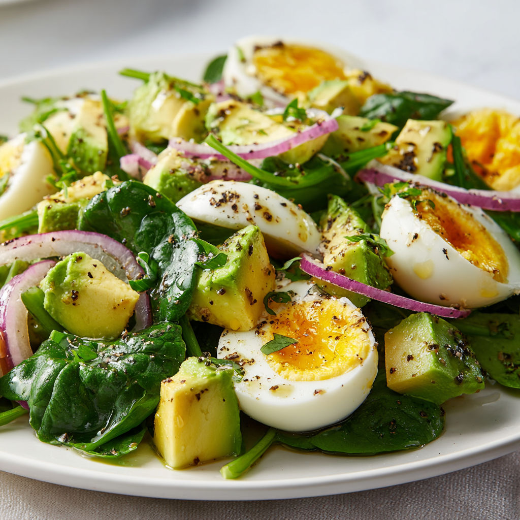 Une salade de poulet et avocat avec des oeufs et des épinards.