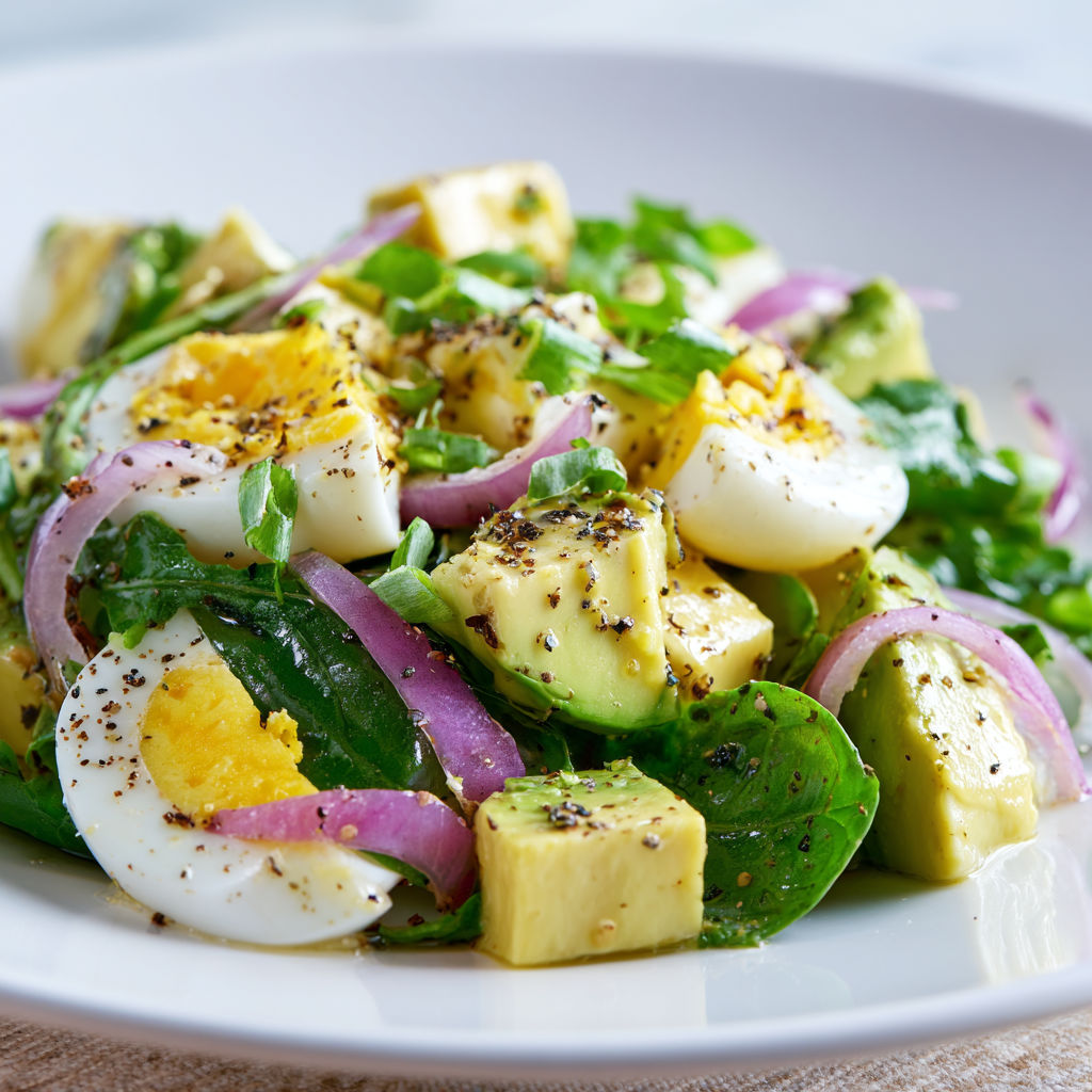 Une salade de poulet avec des légumes verts et des oeufs.