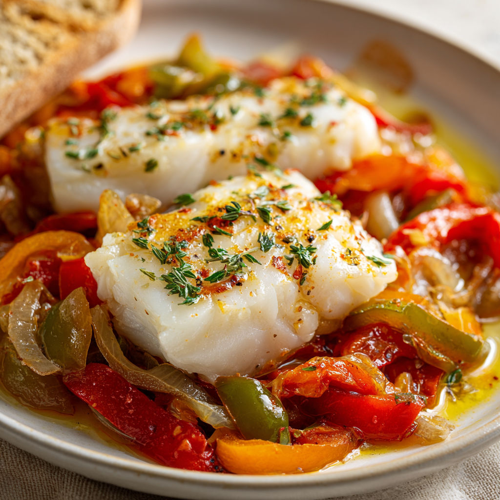 Plate of cooked fish with peppers and onions, served with a slice of bread.