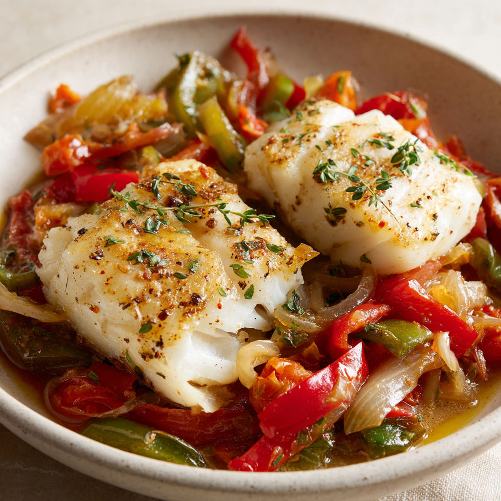 Une cocotte de cabillaud aux légumes méditerranéens, avec des tomates, des poivrons et des oignons.