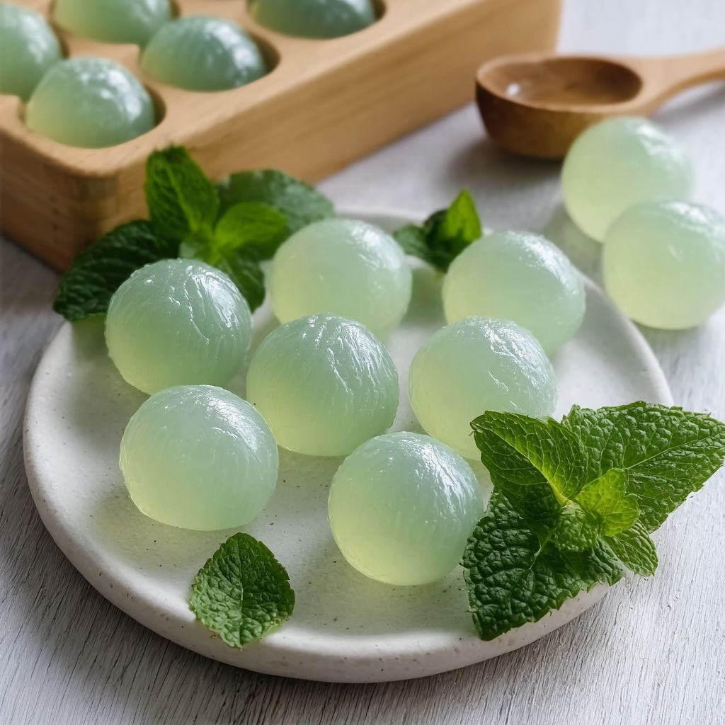 Une dizaine de gouttes de jus de menthe sont disposées sur un plateau en bois.