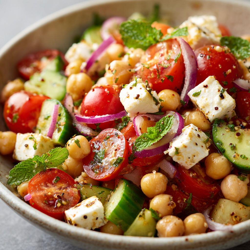 Une salade de tomates, cucumbers, chickpeas et herbes, servie dans un bol.