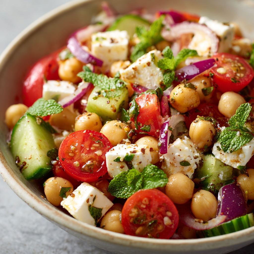 Une salade de tomates, cucumbers, chickpeas et herbes, servie dans un bol.