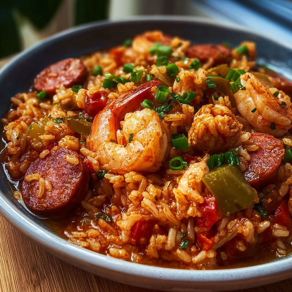 Un plat de jambalaya à la Louisiane, avec des fruits de mer, des épinards et des herbes.