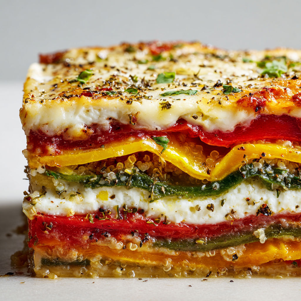 Un délicieux lasagnes froides de poivrons et quinoa, composé de plusieurs couches de sauce tomate, de quinoa et de poivrons, est présenté sur une table.