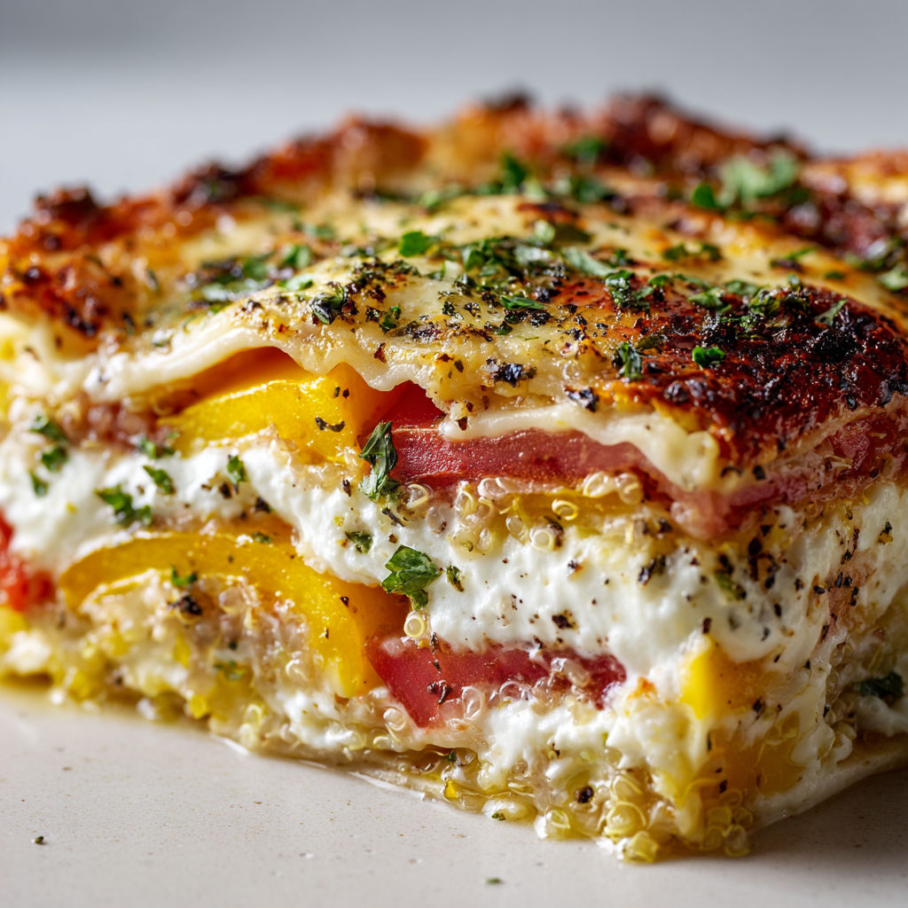 Une tarte au citron et au fromage, avec des tomates et des herbes, est servie sur une table blanche.