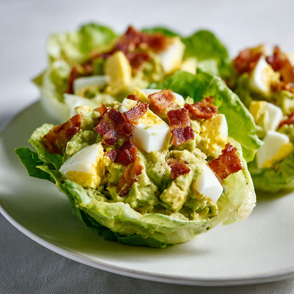 Une salade de bacon et de laitue, avec des œufs et des légumes verts, est servie sur un plateau.