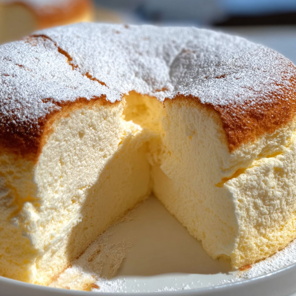 Une partie de gâteau soufflé vanillé au yaourt est servie sur un plateau.