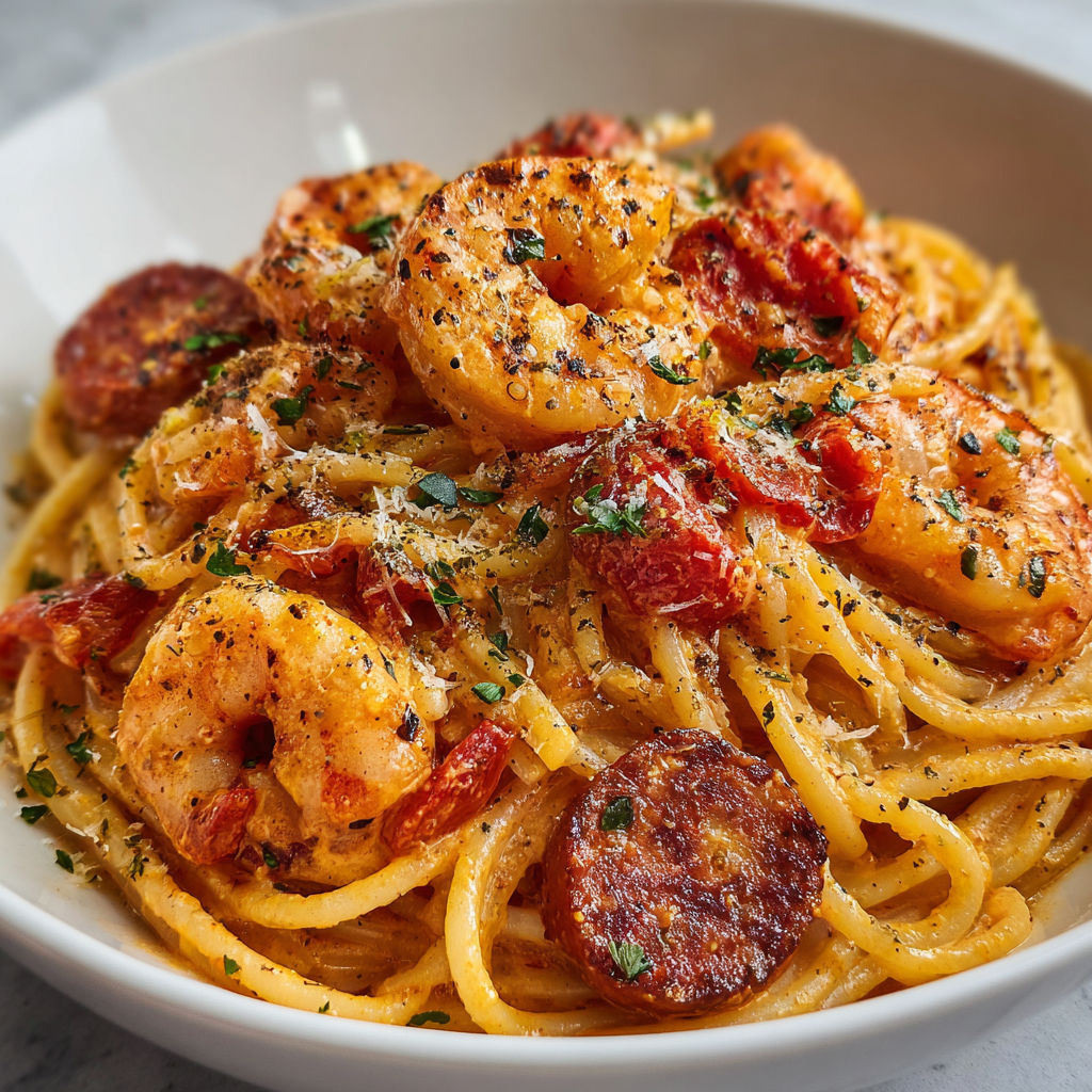 Une plate de linguines au poulet citronné et crème de Parmesan, avec des tomates et des épinards.