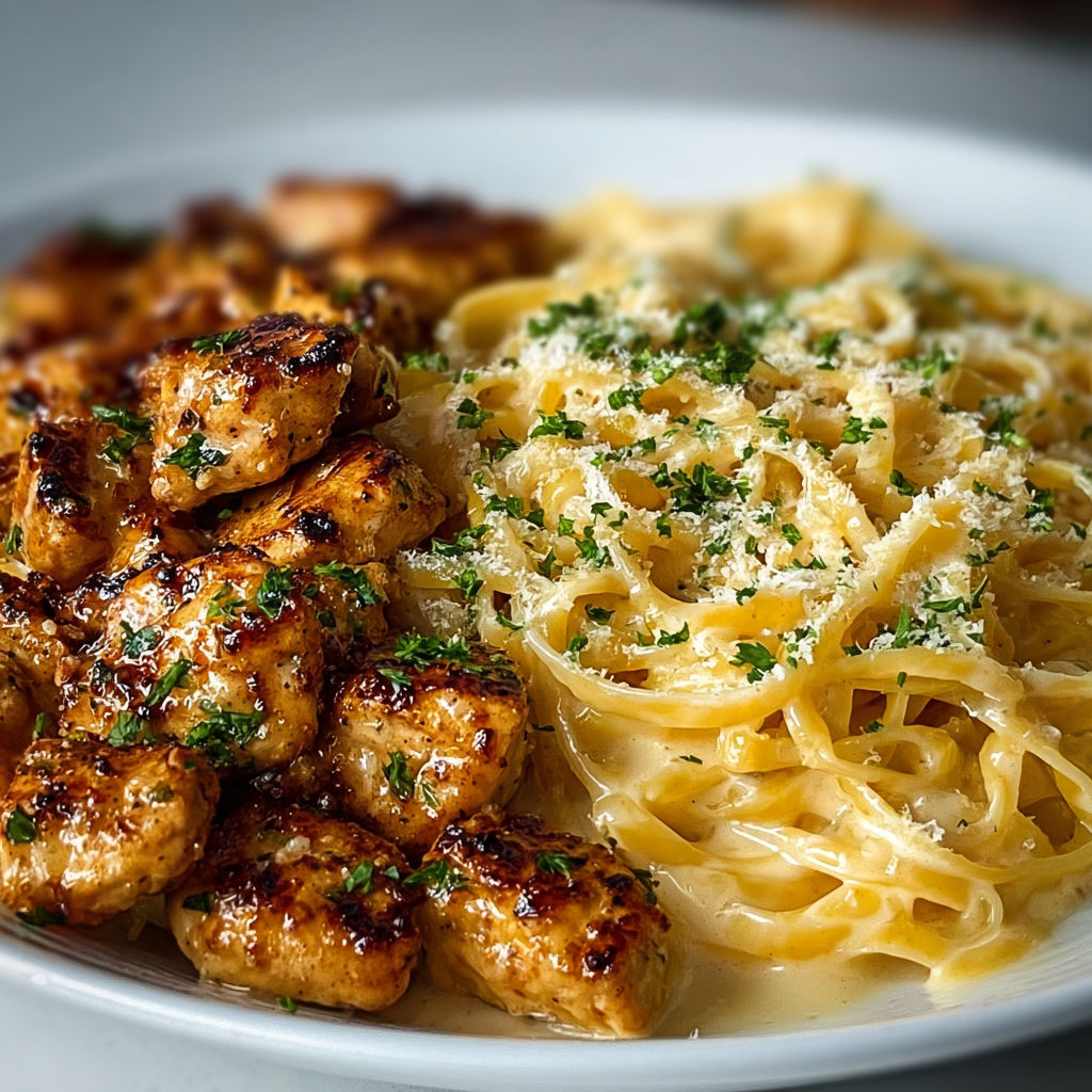 Une plate de spaghetti carbonara avec des chicken wings et des herbes.
