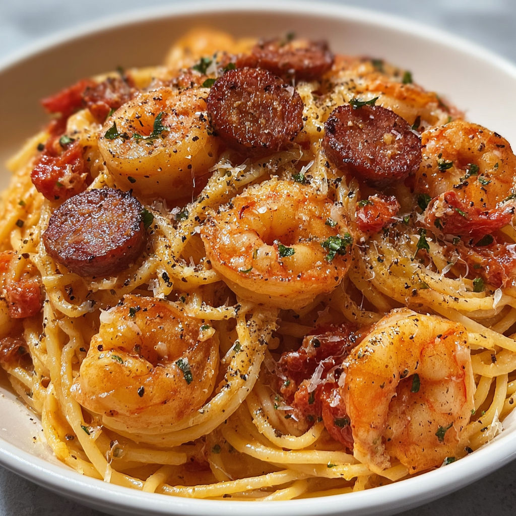 Une assiette de spaghetti avec des crevettes et des oignons.