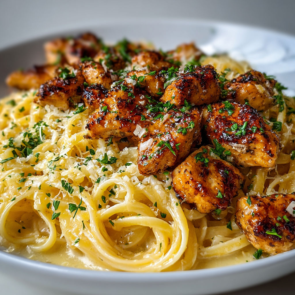 Une plate de spaghetti avec des chicken et des herbes.