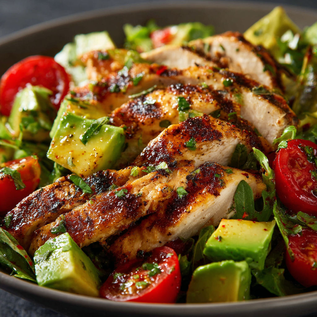 Une salade fraîche au poulet grillé, avocat et coriandre est servie dans un bol.