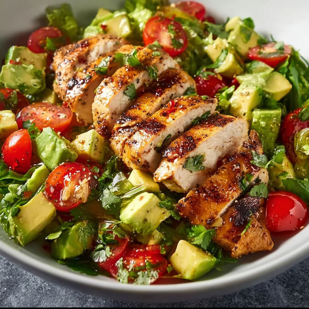 Une salade de poulet grillé et avocat sur lit de légumes croquants, accompagnée de tomates.