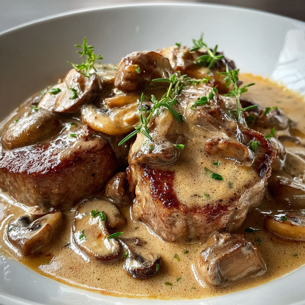 Un plat de médaillons de porc à la crème et aux champignons, servit sur un plateau blanc.