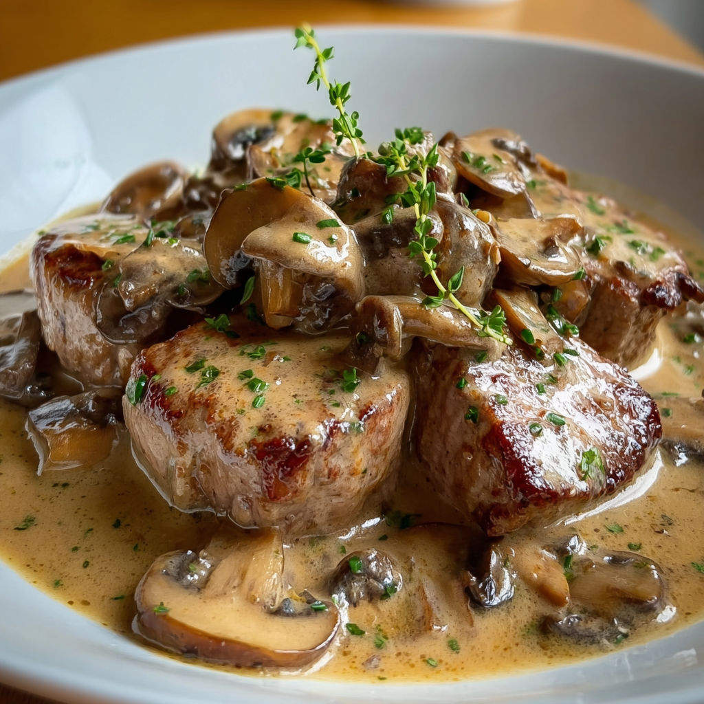 Une assiette de viande de boeuf avec des champignons et des herbes, accompagnée d'une sauce au mushroom.