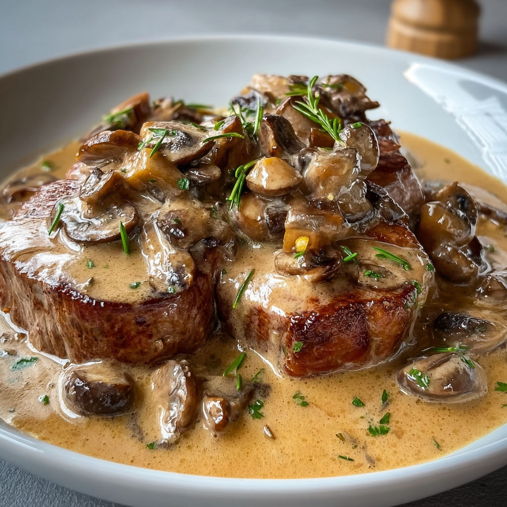 Une recette de viande avec des champignons et des herbes.