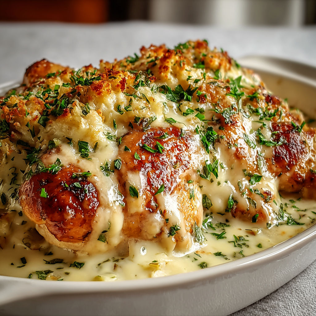 Un plat de poulet gourmand à la crème et au fromage, avec des herbes et des légumes, est servie sur une table.