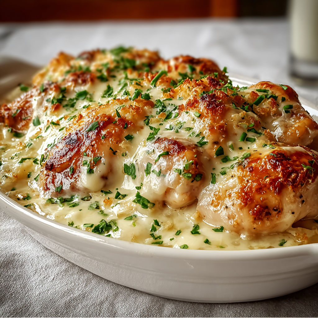 Une recette de poulet en croûte, avec des herbes et des fromages, est servie dans un bol sur une table.