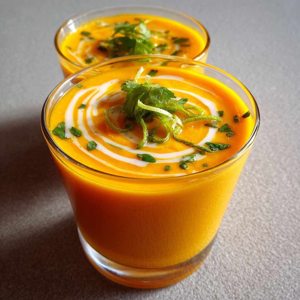 Une tasse de soupe froide carotte, coco et citron vert.
