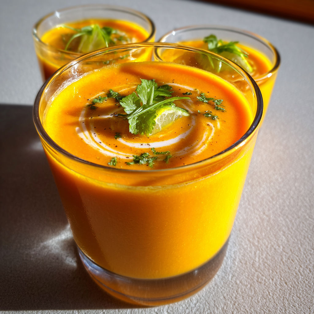 Soupe fraîche de carottes parfumée au lait de coco et citron vert.