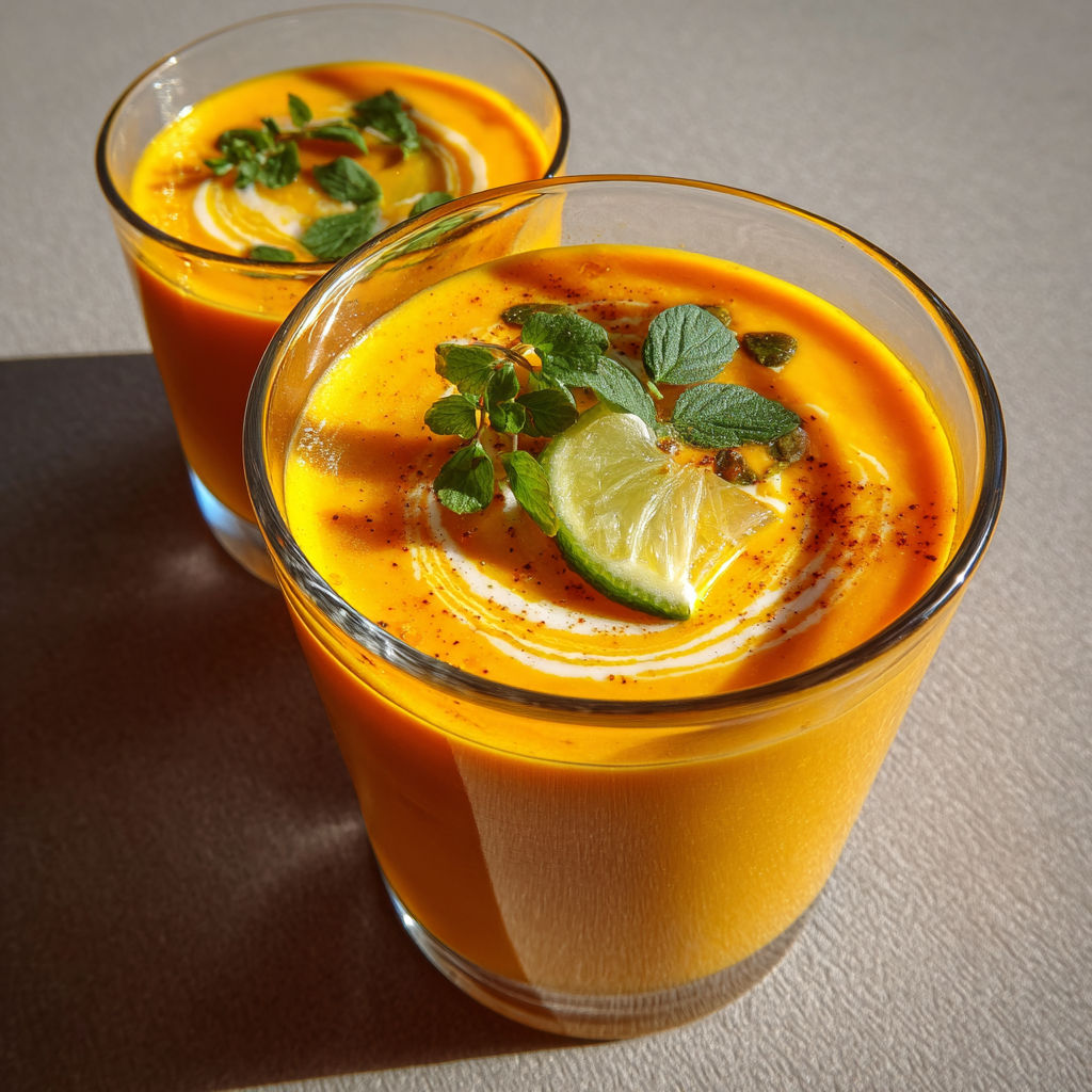 Two glasses of carrot soup with lime and mint garnish.