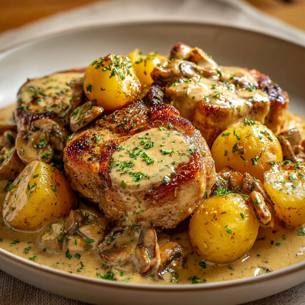 Une recette de poulet avec des pommes de terre et des champignons.