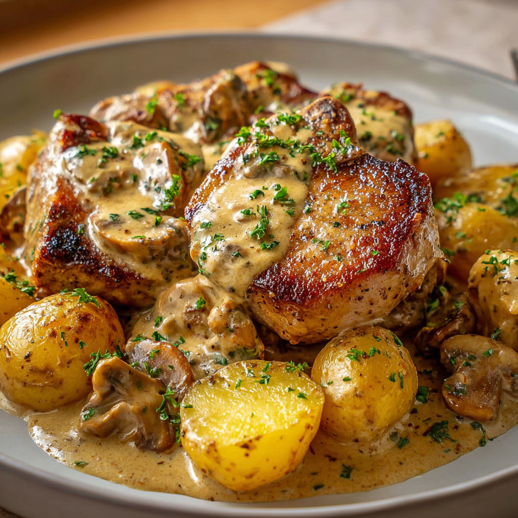 Une recette de poulet avec des pommes de terre et des champignons.